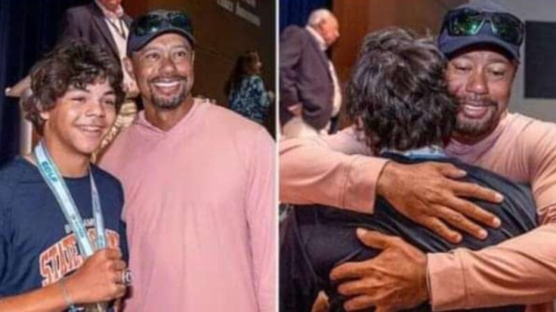 Tiger Woods celebrates with his son Charlie as 15-year-old receives high school state championship ring