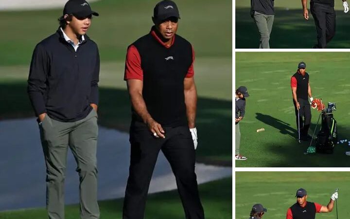 Tiger Woods sporting his iconic Sunday red at the Masters while CHARLIE gives him swing pointers. 🤌🔴 Golf Lovers Legend gave birth to upcoming Legend ⛳🏌️