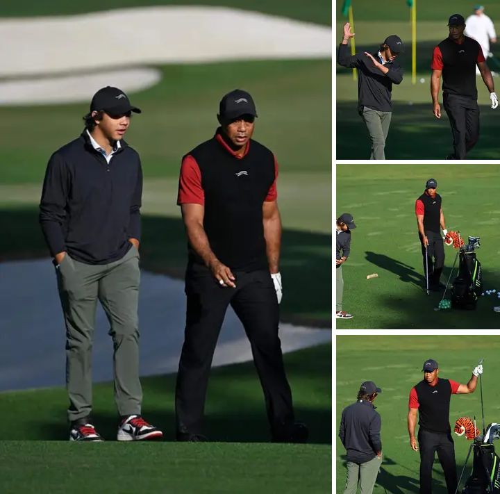 Tiger Woods sporting his iconic Sunday red at the Masters while CHARLIE gives him swing pointers. 🤌🔴 Golf Lovers Legend gave birth to upcoming Legend ⛳🏌️