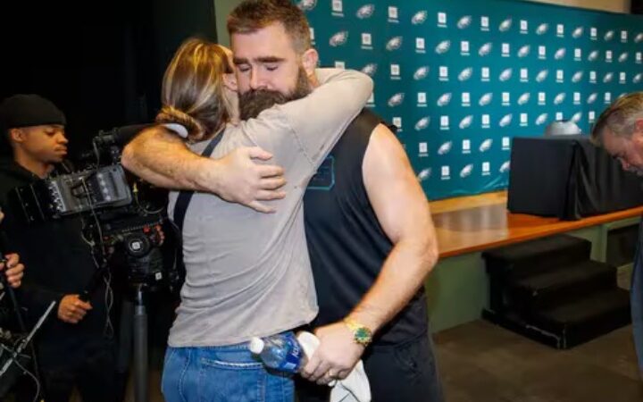 “Jason  Kelce embraces his wife, expressing heartfelt appreciation for her  unwavering support and steadfast presence throughout the years. He  acknowledges her as an understanding, loving, and caring woman who has  stood by him through thick and thin.”