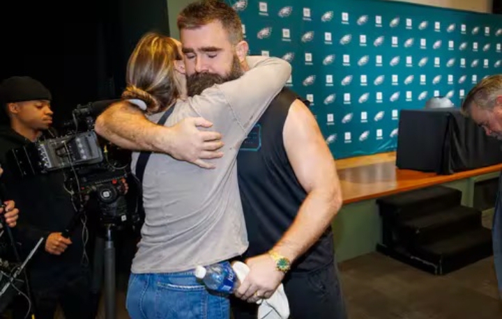 “Jason  Kelce embraces his wife, expressing heartfelt appreciation for her  unwavering support and steadfast presence throughout the years. He  acknowledges her as an understanding, loving, and caring woman who has  stood by him through thick and thin.”