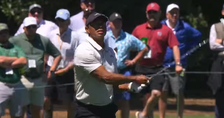 Tiger Woods makes a lengthy birdie putt on No. 5. #themasters