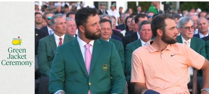 Watch as Scottie Scheffler receives his Green Jacket at Augusta National. Full video.