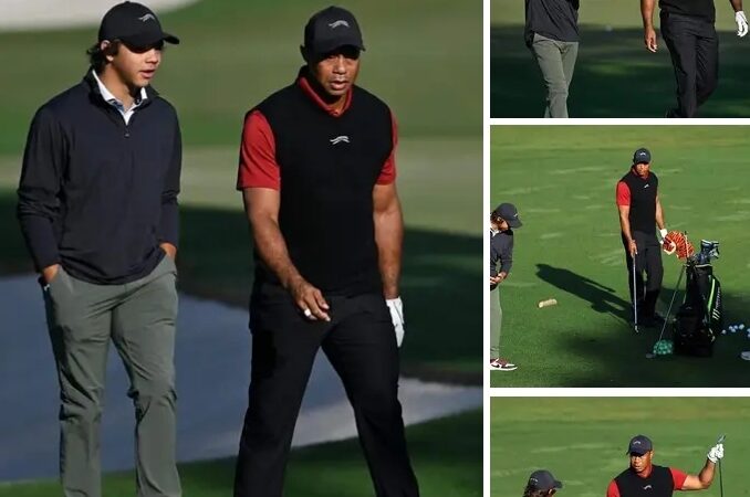 Tiger woods sporting his iconic Sunday red at the masters while charlie give him swings pointer. lengend gave birth to upcoming lengend.(see more