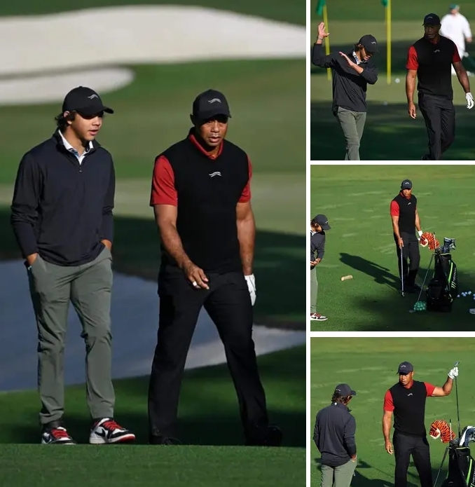 Tiger woods sporting his iconic Sunday red at the masters while charlie give him swings pointer. lengend gave birth to upcoming lengend.(see more