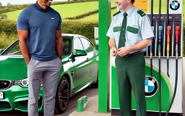 While on a golf tour in Ireland, Tiger Woods pulls up to a petrol station in the middle of the Irish countryside in his…