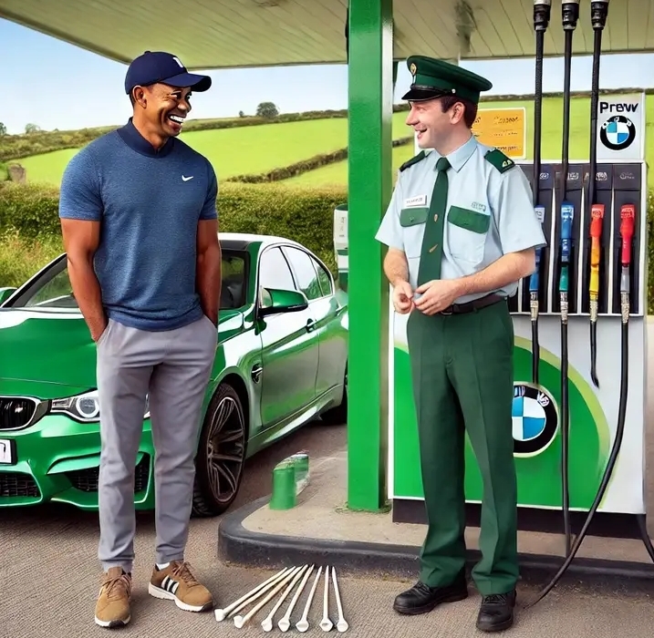 While on a golf tour in Ireland, Tiger Woods pulls up to a petrol station in the middle of the Irish countryside in his…